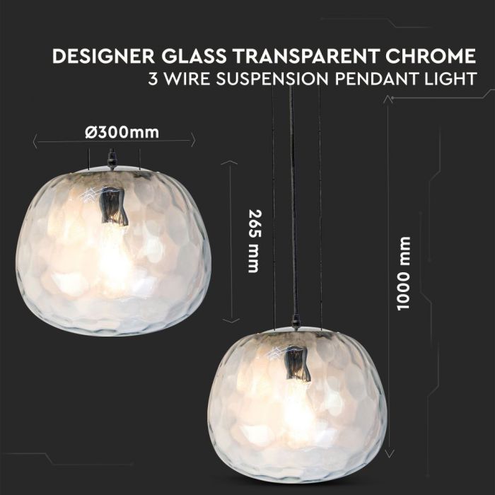 LED E27 PENDANT DESIGNER 3-WIRE SUSPENSION TRANSPARENT CHROME 30X26.5X100 GLASS