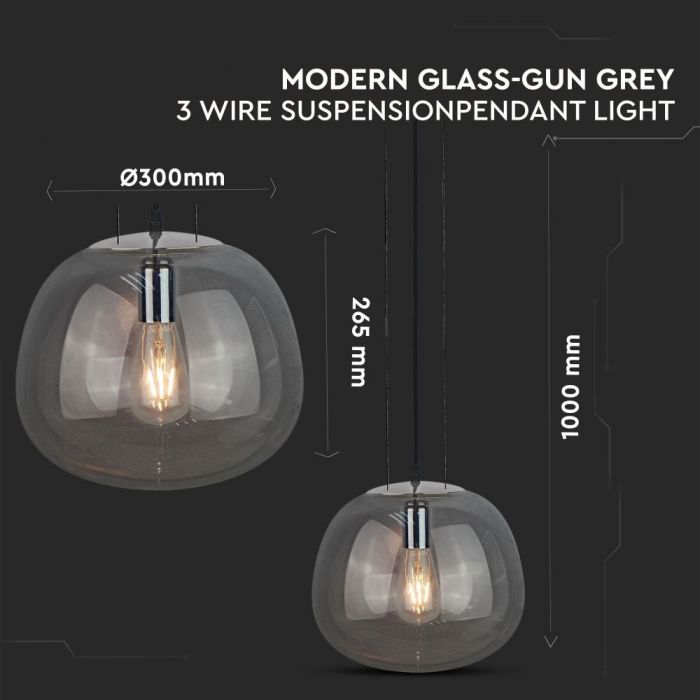 LED E27 PENDANT DESIGNER 3-WIRE SUSPENSION GUN GREY 30X27X100 GLASS