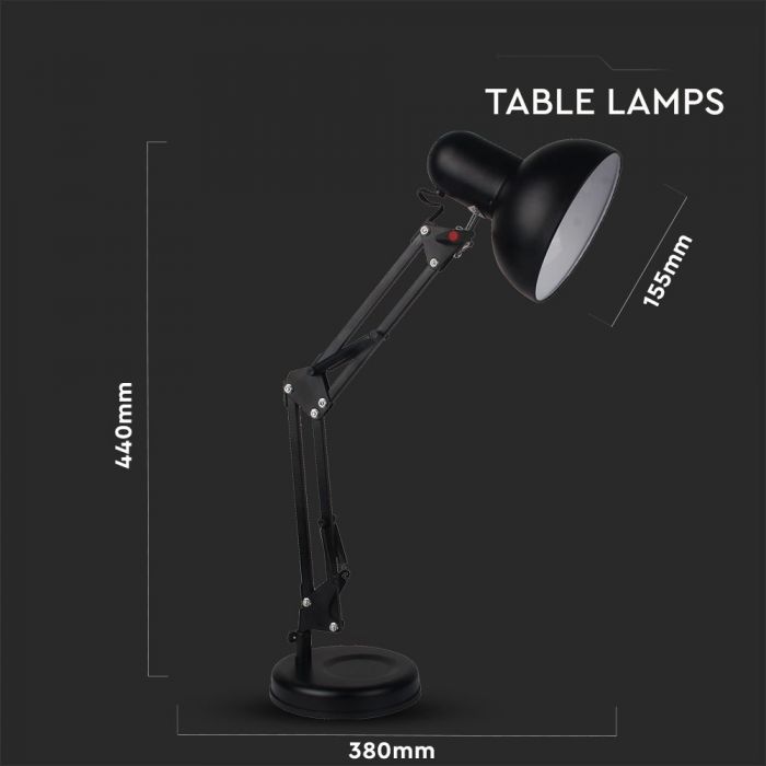 LED DESIGNER TABLE LAMP Metal Adjustable Bracket+Switch & E27 Holder 120° 38X15.5X44 BLACK