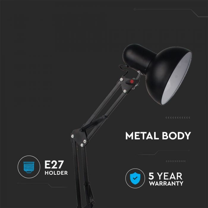 LED DESIGNER TABLE LAMP Metal Adjustable Bracket+Switch & E27 Holder 120° 38X15.5X44 BLACK