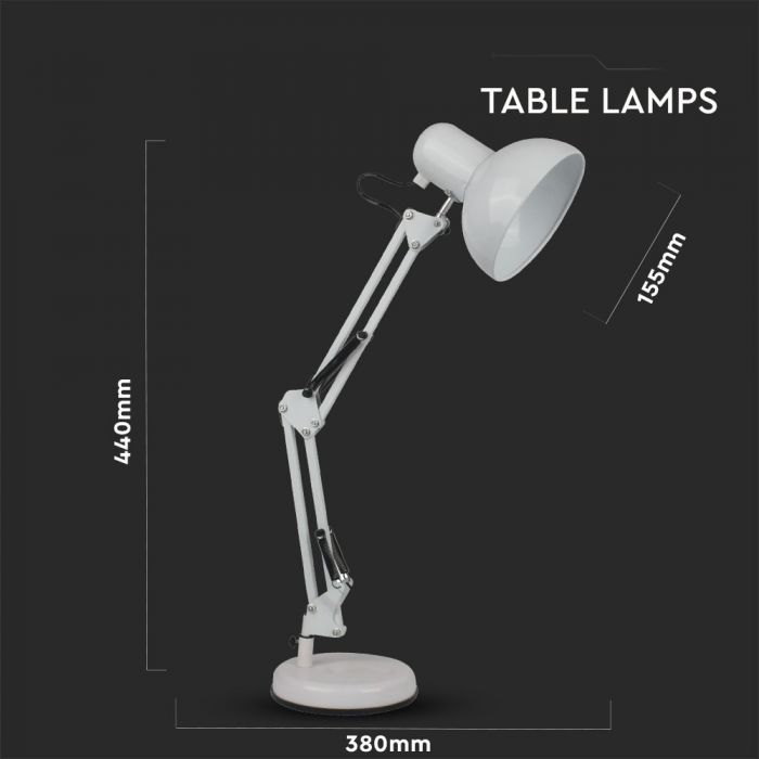 LED DESIGNER TABLE LAMP Metal Adjustable Bracket+Switch & E27 Holder 120° 38X15.5X44 WHITE