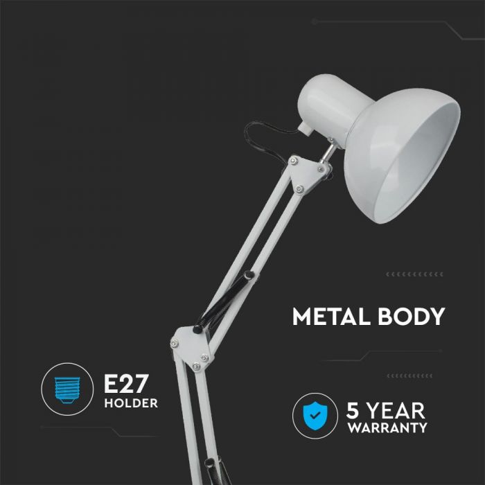 LED DESIGNER TABLE LAMP Metal Adjustable Bracket+Switch & E27 Holder 120° 38X15.5X44 WHITE