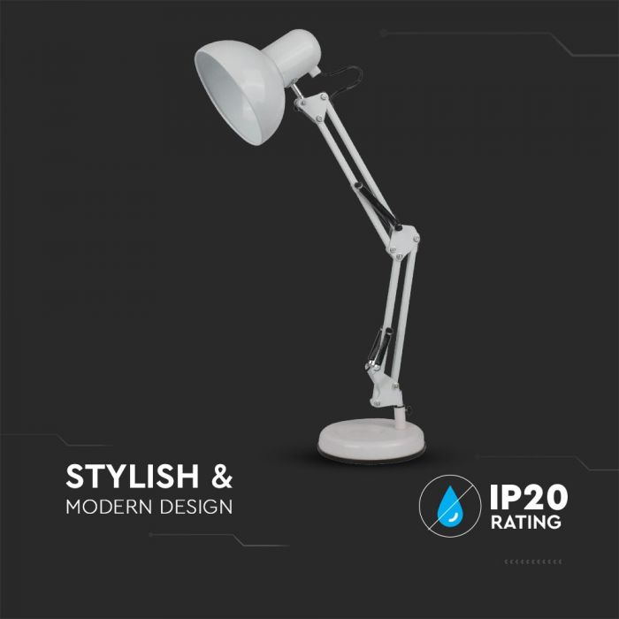 LED DESIGNER TABLE LAMP Metal Adjustable Bracket+Switch & E27 Holder 120° 38X15.5X44 WHITE