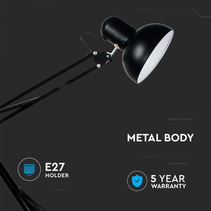 LED DESIGNER TABLE LAMP Metal Adjustable Bracket+Switch & E27 Holder 120° 36X15.5X73 BLACK