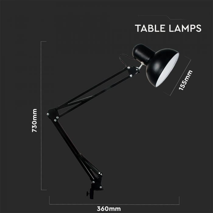 LED DESIGNER TABLE LAMP Metal Adjustable Bracket+Switch & E27 Holder 120° 36X15.5X73 BLACK