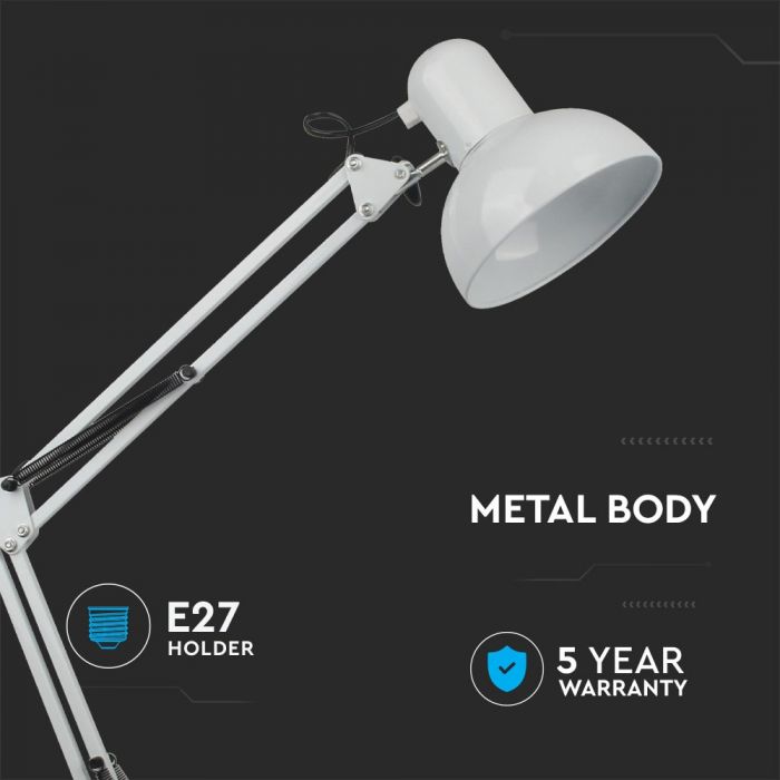 LED DESIGNER TABLE LAMP Metal Adjustable Bracket+Switch & E27 Holder 120° 36X15.5X73 WHITE