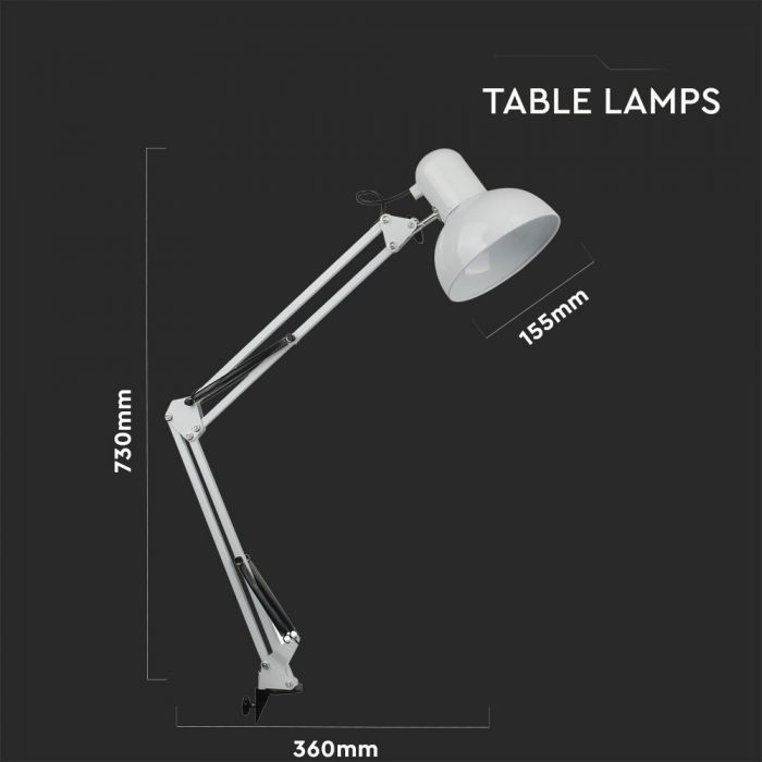 LED DESIGNER TABLE LAMP Metal Adjustable Bracket+Switch & E27 Holder 120° 36X15.5X73 WHITE