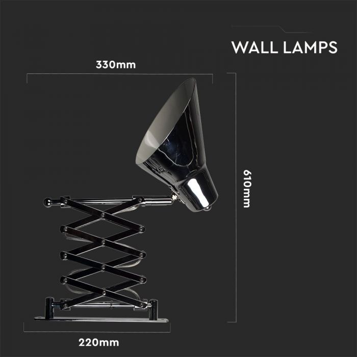 LED DESIGNER WALL LAMP WITH CHROME FOLDER BRACKET+E27 HOLDER+SWITCH 61X22X33 CHROME