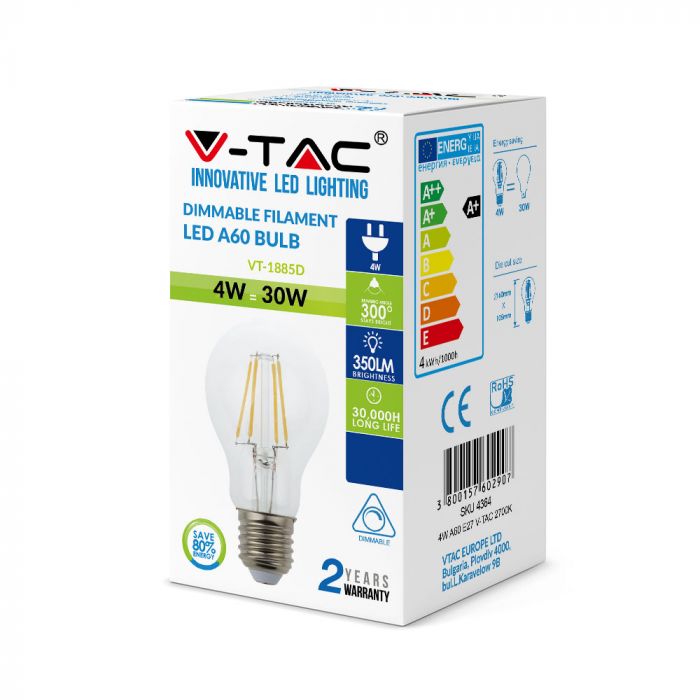 LED E27 FILAMENT LAMP A60 4W WW 320lm 300° 60X107 DIMMABLE