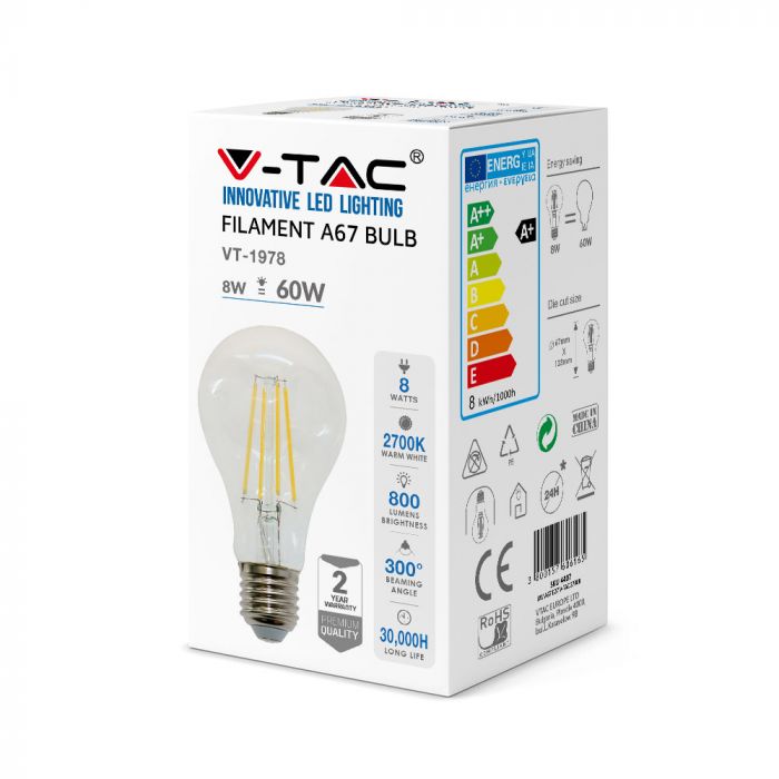 LED E27 FILAMENT LAMP A67 8W WW 800lm 300° 67X123