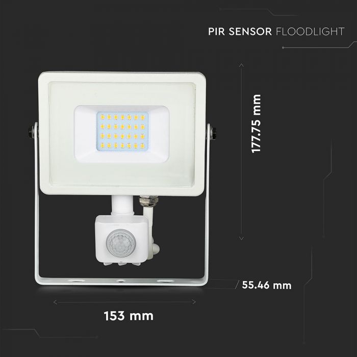 LED FLOOD SENSOR 20W CW 120° 1600lm IP65 WHITE SAMSUNG CHIP