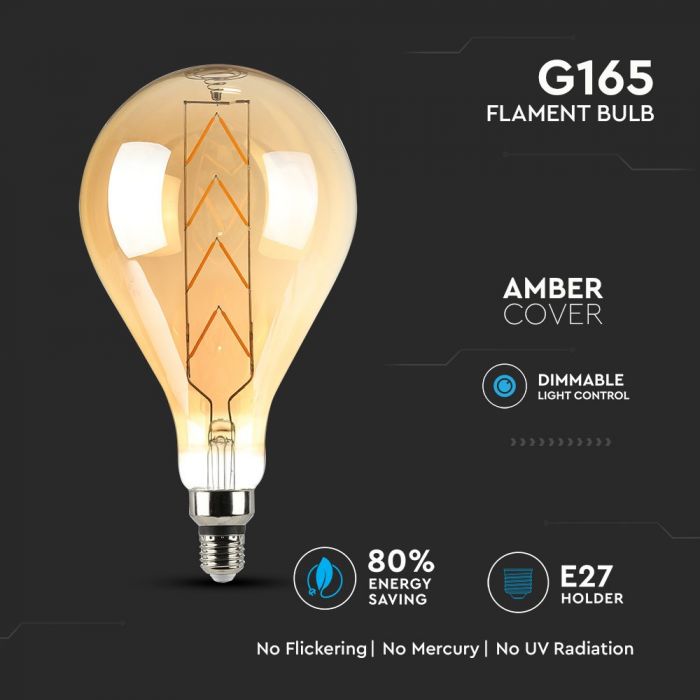 LED E27 FILAMENT LAMP AMBER G125 8W WW 620lm 300° 165X295