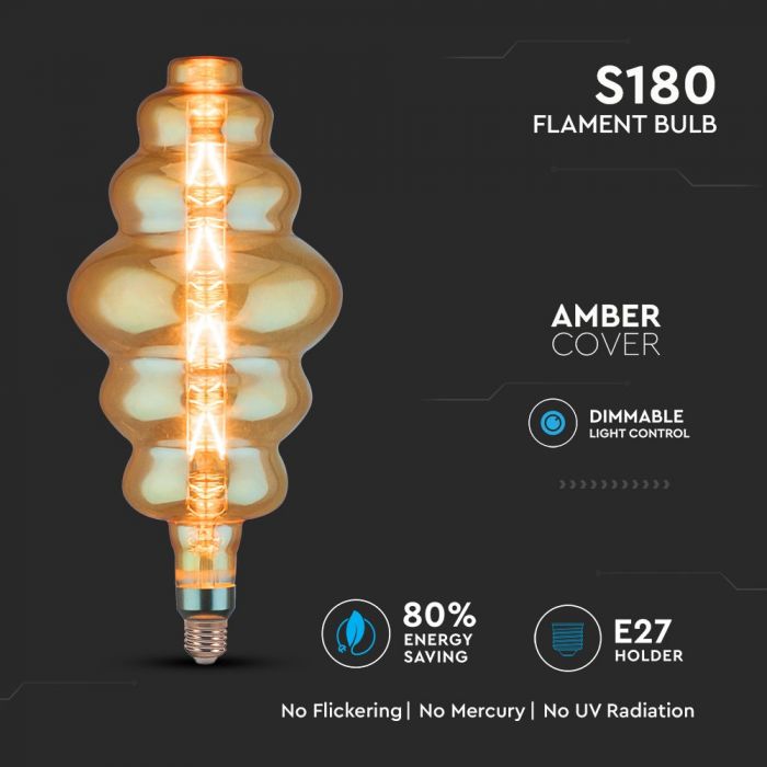 LED E27 FILAMENT LAMP AMBER S180 8W WW 620lm 300° 195X400