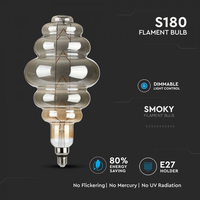 LED E27 FILAMENT LAMP GREY SMOKY S180 8W WW 240lm 300° 195X400