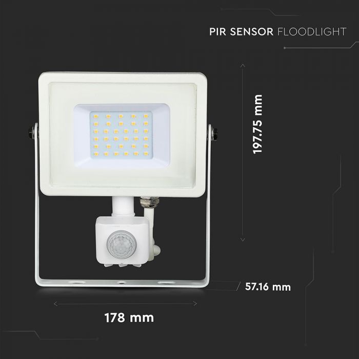 LED FLOOD SENSOR 30W WW 120° 2550lm IP65 WHITE SAMSUNG CHIP