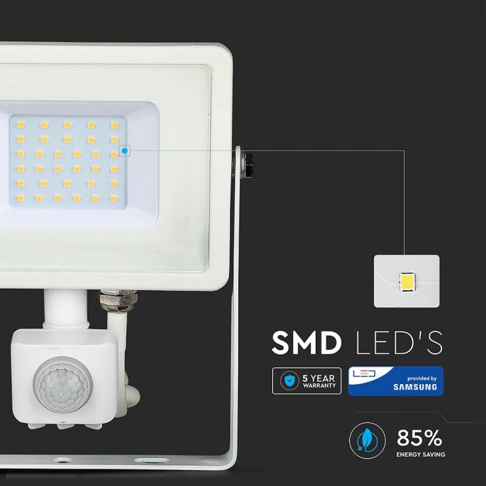 LED FLOOD SENSOR 30W WW 120° 2550lm IP65 WHITE SAMSUNG CHIP