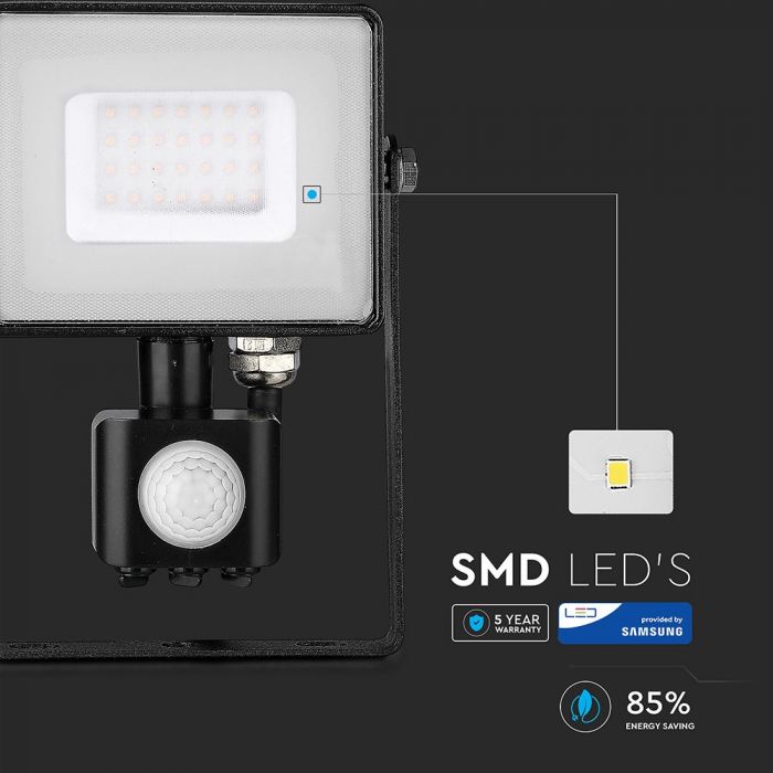 LED FLOOD SENSOR 30W CW 120° 2550lm IP65 BLACK SAMSUNG CHIP