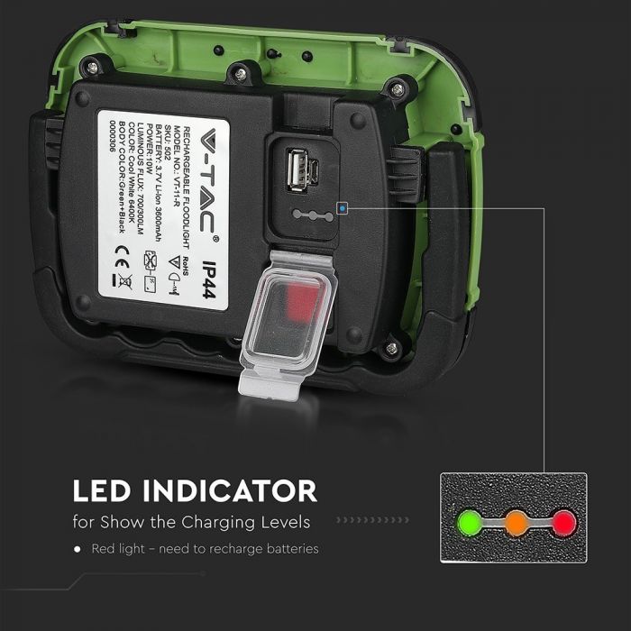 LED FLOOD RECHARGEABLE 10W CW 100° 700lm IP44 GREEN/BLACK SOS FLASH