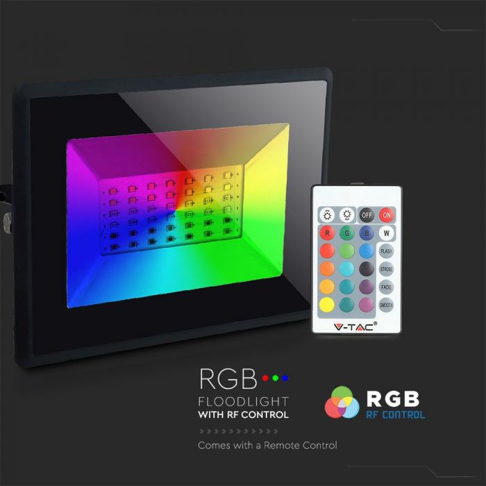 LED RGB FLOOD LIGHT SLIM 30W REMOTE CONTROL 1800lm 110° IP65 BLACK DIMM