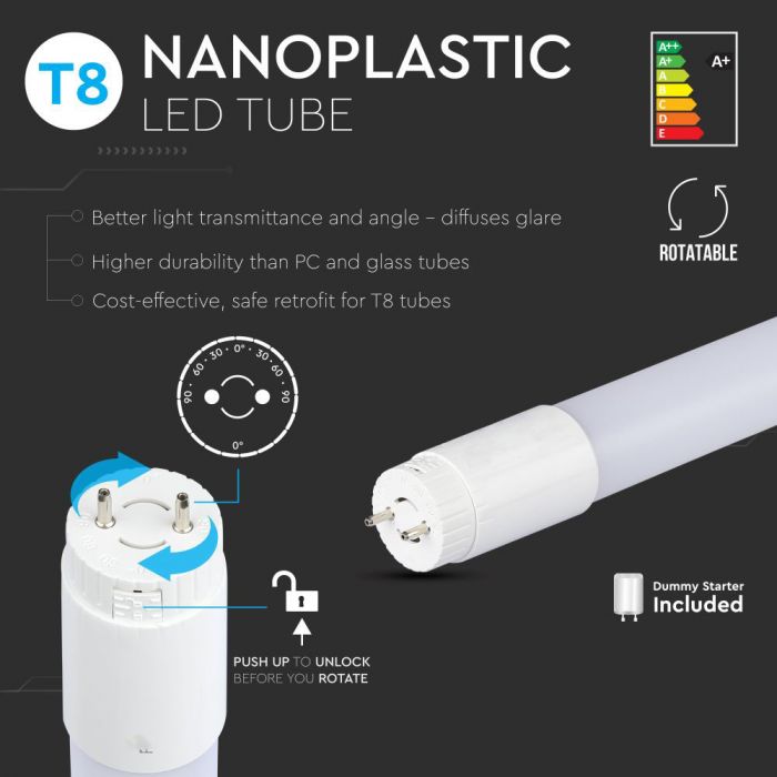 LED T8 ROTATING TUBE 10W WW 800lm 2FT 160° Frosted