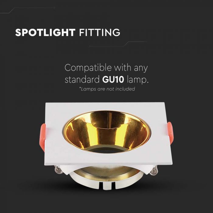 LED BRACKET GU10 SQUARE WHITE + GOLD REFLECTOR PC 85X85X40 (72)