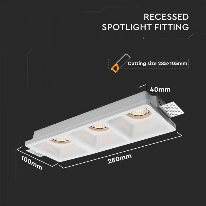 LED BRACKET 3xGU10  SQUARE WHITE 280x100x40 (285x105) GYPSUM