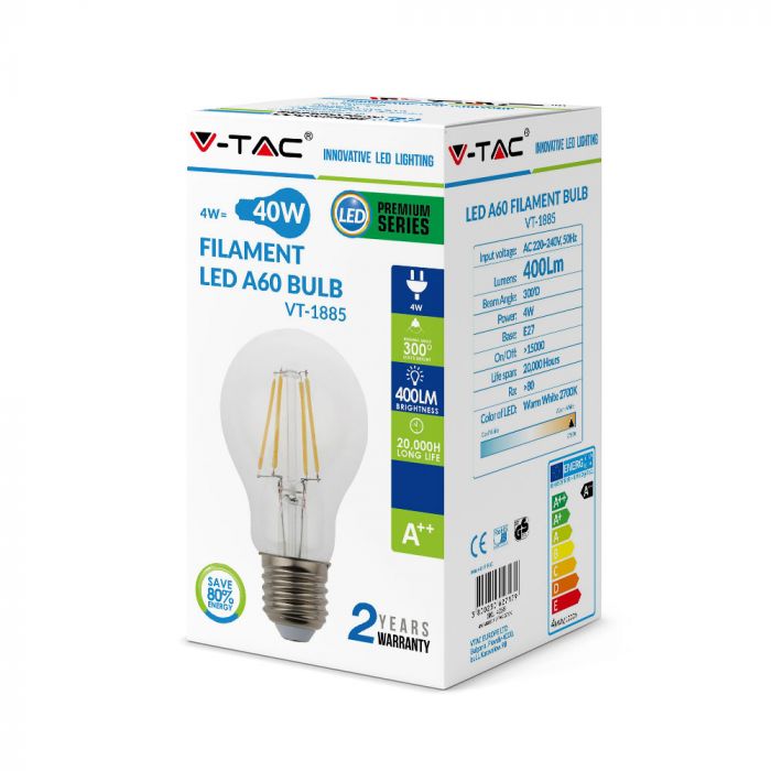 LED E27 FILAMENT LAMP A60 4W DL 400lm 300° 60X107 A++