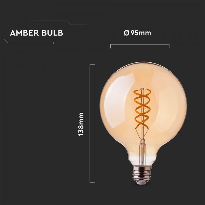 LED E27 FILAMENT LAMP AMBER COVER G95 5W WW 300lm 360° 95X138 CURVE SHAPE