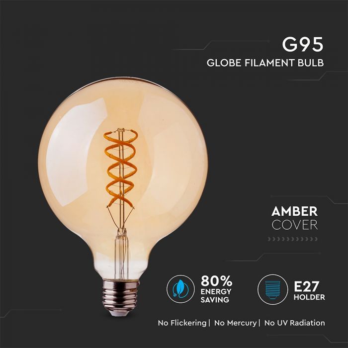 LED E27 FILAMENT LAMP AMBER COVER G95 5W WW 300lm 360° 95X138 CURVE SHAPE