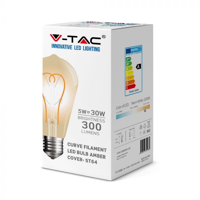 LED E27 FILAMENT LAMP AMBER COVER ST64 5W WW 600lm 300° 125X165