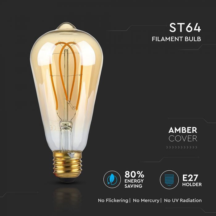 LED E27 FILAMENT LAMP AMBER COVER ST64 5W WW 600lm 300° 125X165