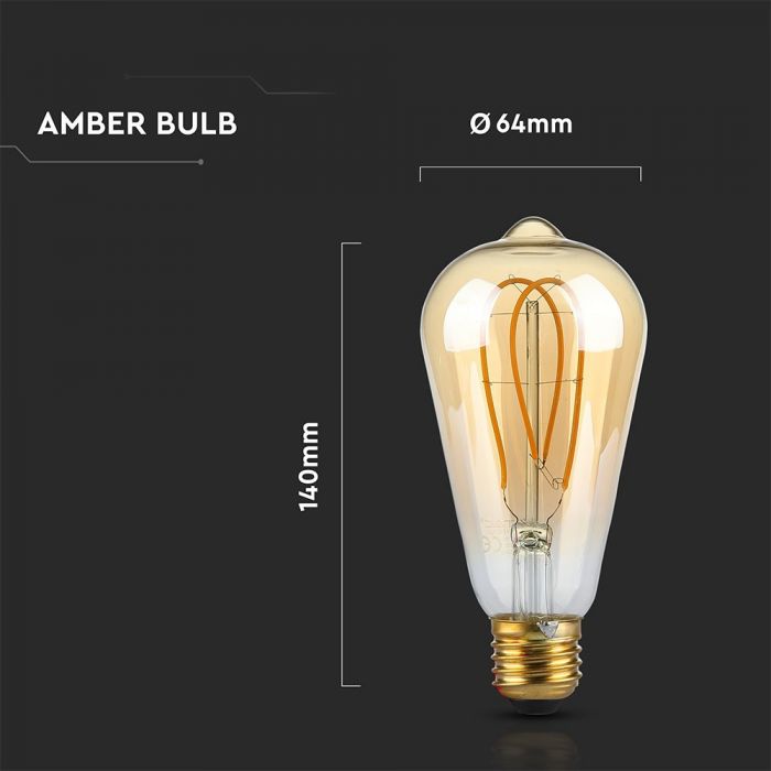 LED E27 FILAMENT LAMP AMBER COVER ST64 5W WW 600lm 300° 125X165