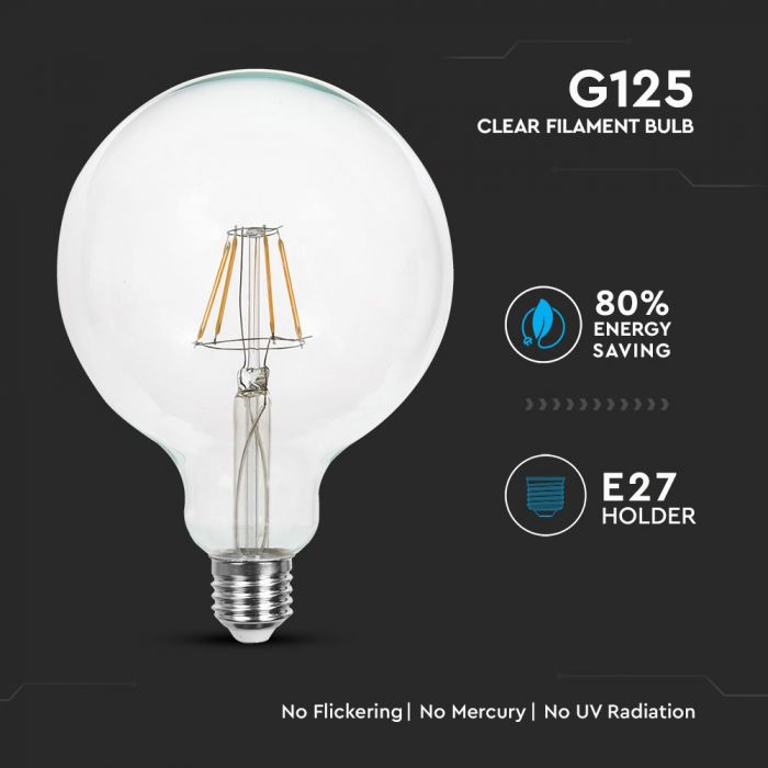 LED E27 FILAMENT LAMP G125 6W WW 806lm 300° 125X177