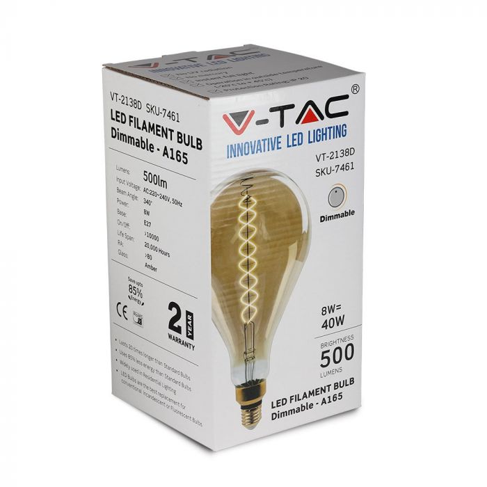 LED E27 FILAMENT AMBER LAMP A165 8W WW 500lm 340° 160X298 GLASS DIMMABLE