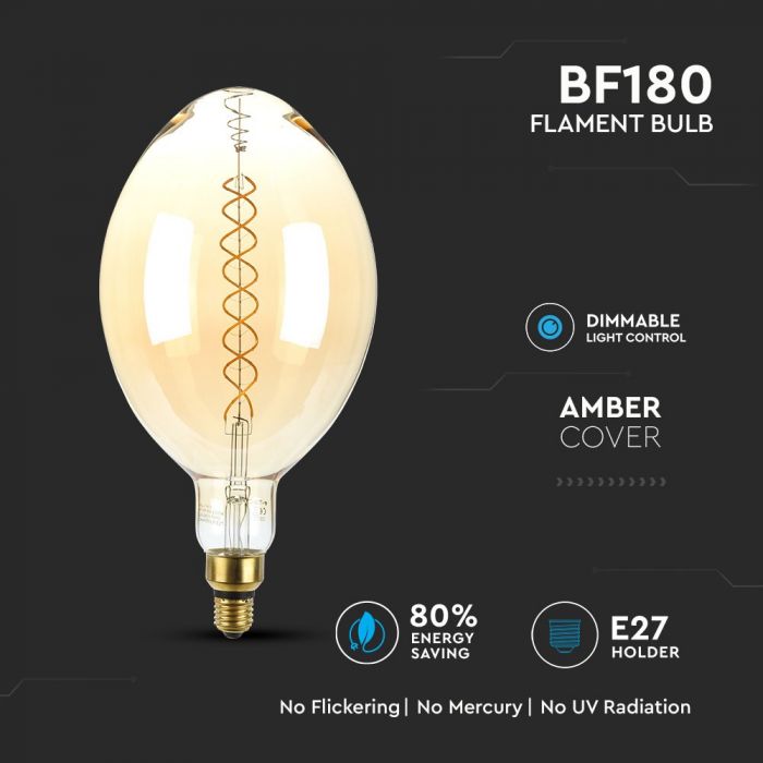 LED E27 FILAMENT AMBER LAMP BF180 8W WW 500lm 340° 180X360 GLASS DIMMABLE