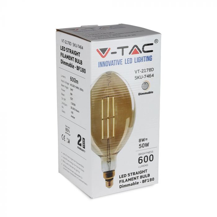 LED E27 FILAMENT AMBER LAMP BF180 8W WW 600lm 340° 180X360 GLASS DIMMABLE