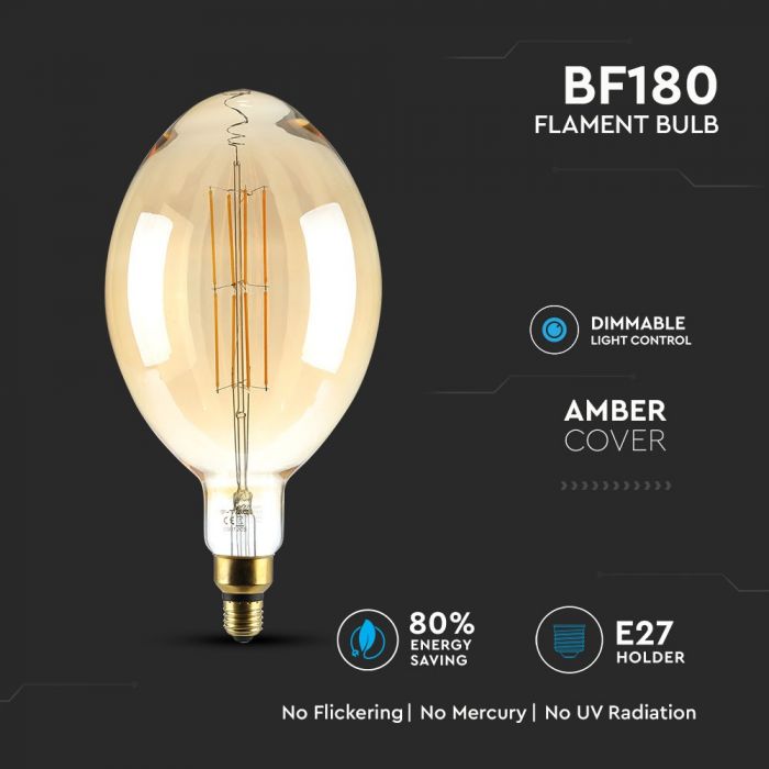 LED E27 FILAMENT AMBER LAMP BF180 8W WW 600lm 340° 180X360 GLASS DIMMABLE