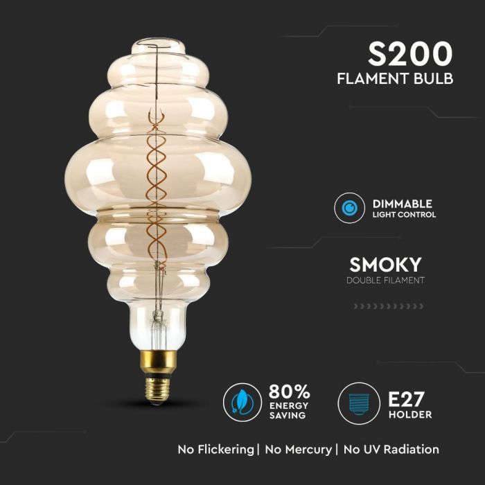 LED E27 FILAMENT AMBER LAMP S200 8W WW 350lm 340° 180X390 GLASS DIMMABLE