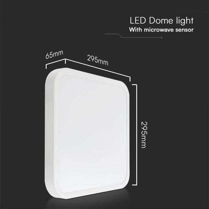 LED DOME LIGHT MICROWAVE SENSOR SQUARE WHITE 18W DL 1830lm 360° 295x295x65mm IP44