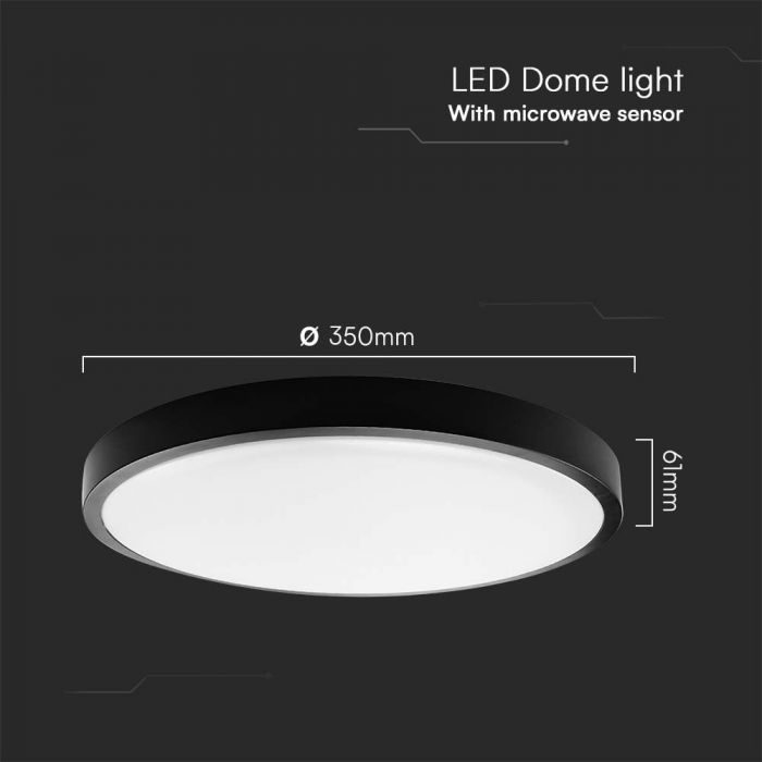 LED DOME LIGHT MICROWAVE SENSOR ROUND 24W 2500lm DL 350x61mm IP44 BLACK