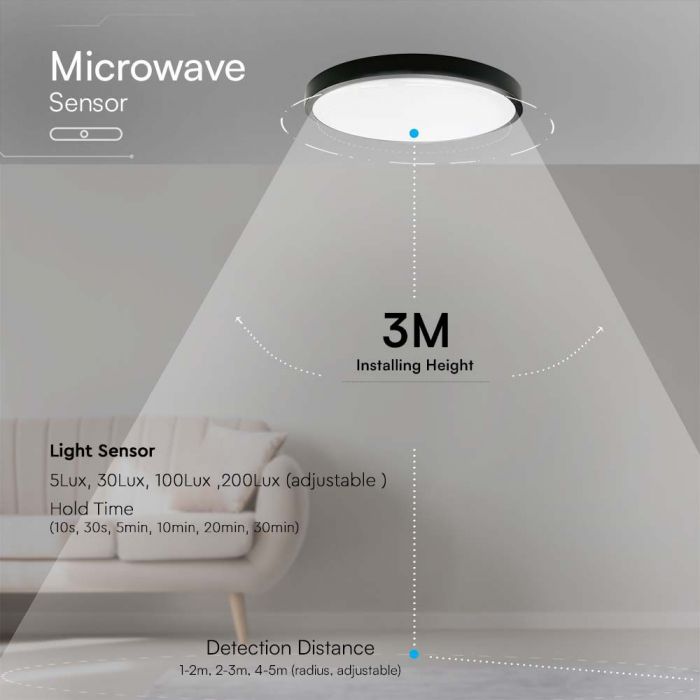 LED DOME LIGHT MICROWAVE SENSOR ROUND 24W 2500lm DL 350x61mm IP44 BLACK