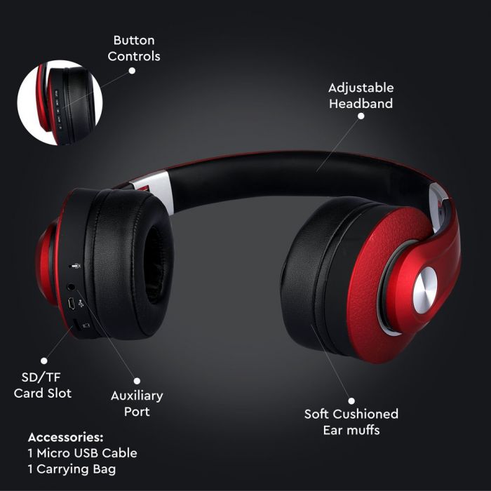 BLUETOOTH WIRELESS HEADPHONE with Adjustable Head 500mah BATTERY RED