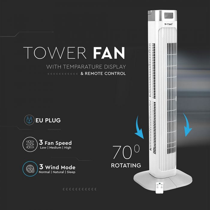 LED TOWER FAN WITH TEMPARATURE DISPLAY & REMOTE CONTROL 55W 3SPEED TIMER 30X30X95.5 WHITE