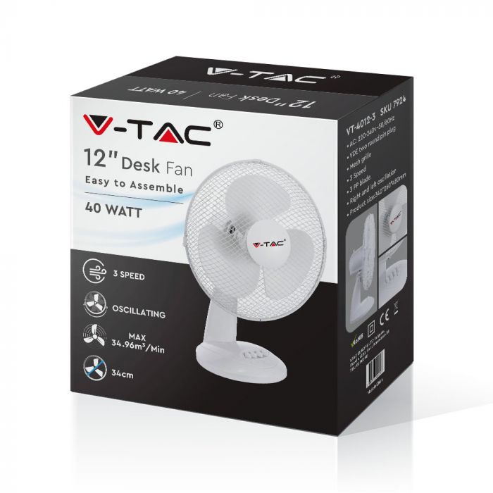 LED DESK FAN 40W 12" 3 SPEED WHITE