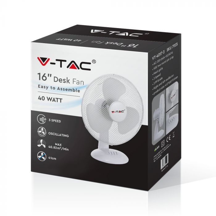 LED DESK FAN 40W 16" 3 SPEED WHITE