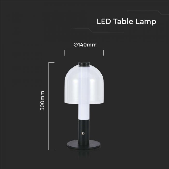 LED TABLE LAMP 1800mAH BATTERY 2W 3IN1 100lm 140x300 BLACK+TRANSPARENT GLASS TOUCH DIMMING