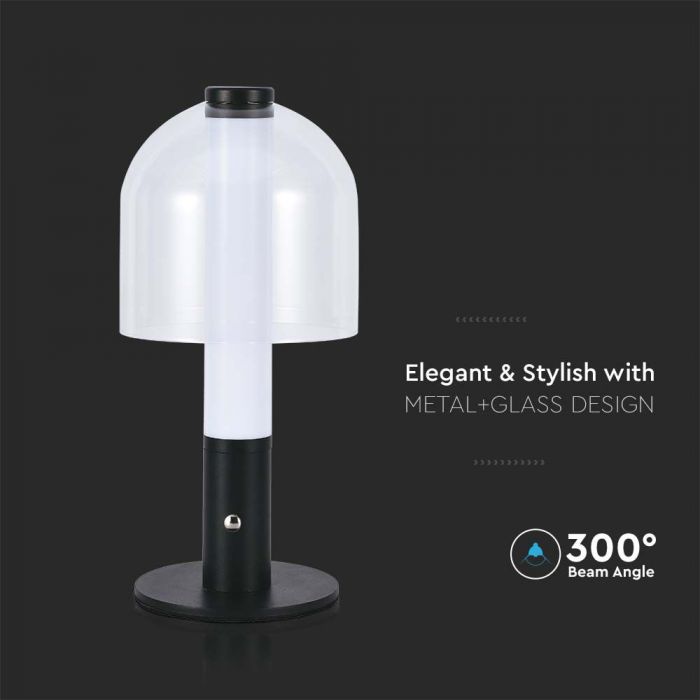 LED TABLE LAMP 1800mAH BATTERY 2W 3IN1 100lm 140x300 BLACK+TRANSPARENT GLASS TOUCH DIMMING