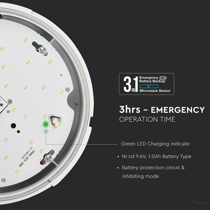 LED DOME WITH EMERGENCY BATTERY + SENSOR 15W 1400lm 120° 320X100 IP65 SAMSUNG CHIP