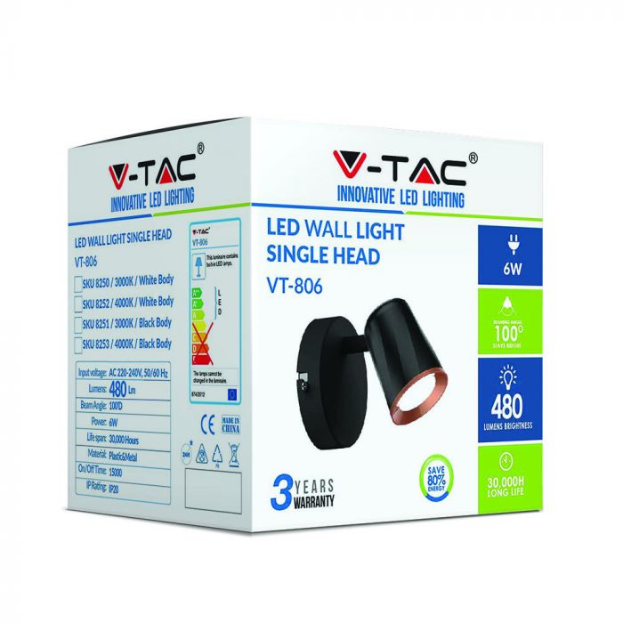 LED WALL LIGHT BLACK 6W DL 480lm 100° 100X93 PLASTIC+METAL