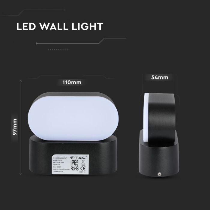 LED WALL LIGHT ALUMINIUM 6W DL 660lm 350° 110X54X96.5 BLACK IP65